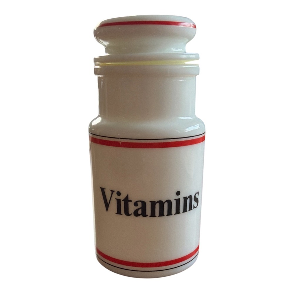 Vintage Milk Glass Apothecary Jar Vitamins Red Black Stripe White Canister Lid